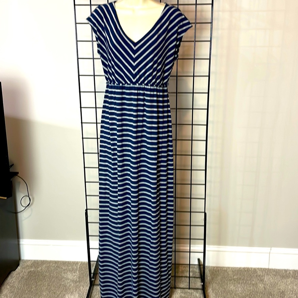 Motherhood Comfy Knit Summer Maxi Dress, Navy Grey Stripe EC, Sz S